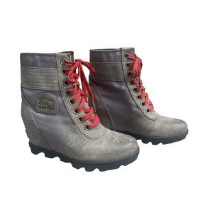 Sorel Lexie Wedge Boots Quarry Gray Leather Lace Up Booties Womens Size 7
